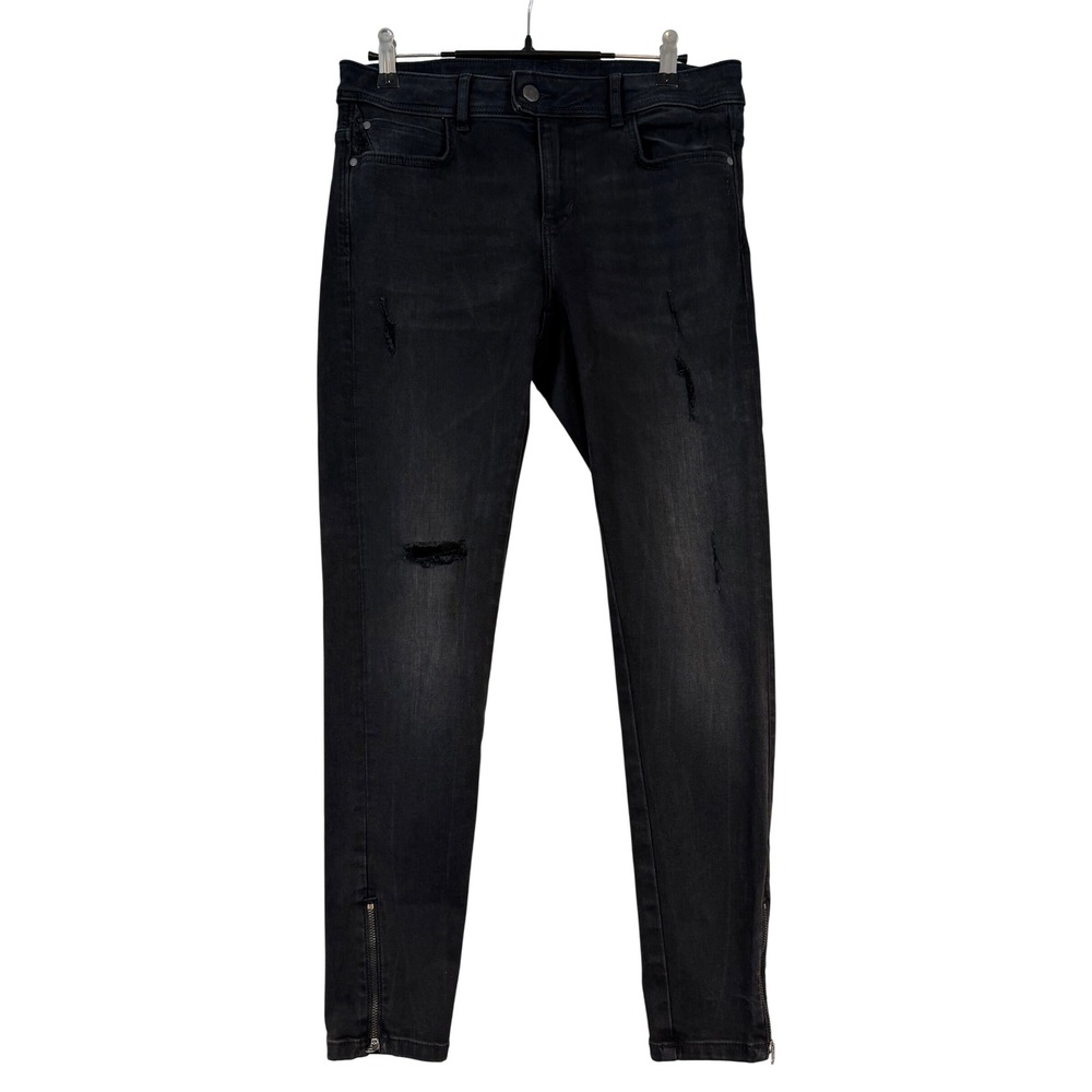 Zara Basic Z1975 Denim Womens Distressed Skinny Jeans Black Ankle Zip Size 8 Y2K